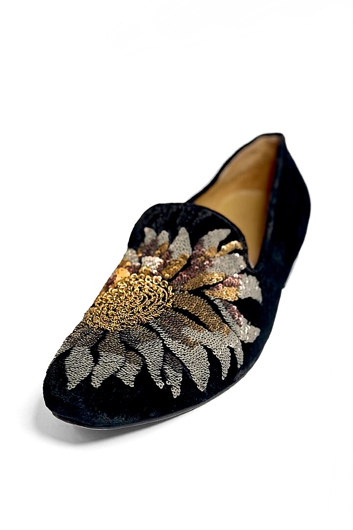 Black Velvet Floral Sequins Embroidered Slip-On Shoes by Rohit Bal Men at Pernia's Pop Up Shop