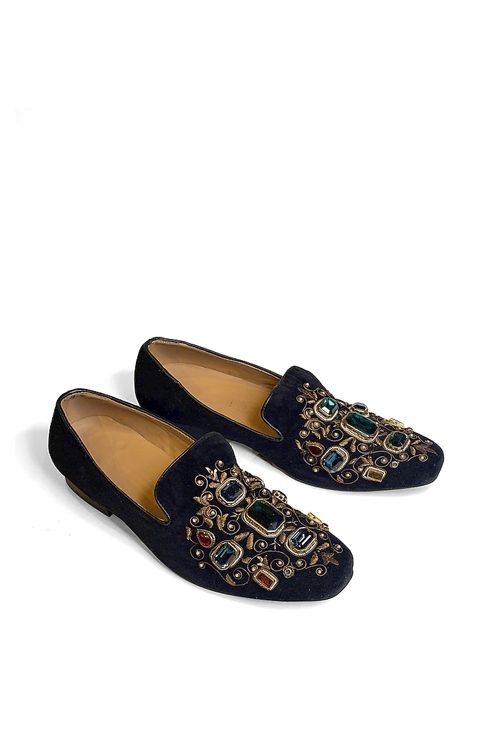 Black Velvet Zari & Stone Embroidered Slip-On Shoes by Rohit Bal Men