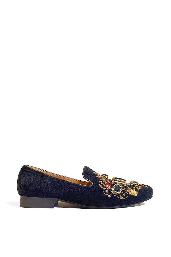 Black Velvet Zari & Stone Embroidered Slip-On Shoes by Rohit Bal Men at Pernia's Pop Up Shop