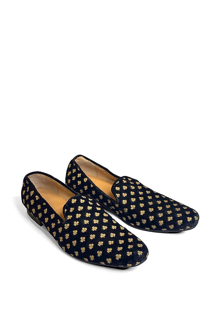 Black Velvet Diamond & Golden Zari Embroidered Slip-On Shoes by Rohit Bal Men at Pernia's Pop Up Shop