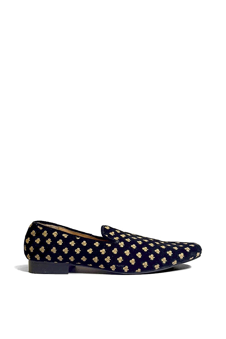 Black Velvet Diamond & Golden Zari Embroidered Slip-On Shoes by Rohit Bal Men at Pernia's Pop Up Shop