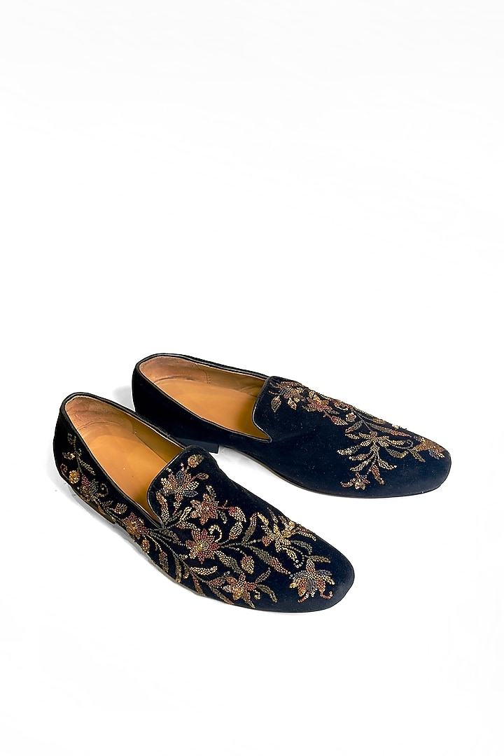 Black Velvet Floral Sequins Embroidered Slip-On Shoes by Rohit Bal Men at Pernia's Pop Up Shop