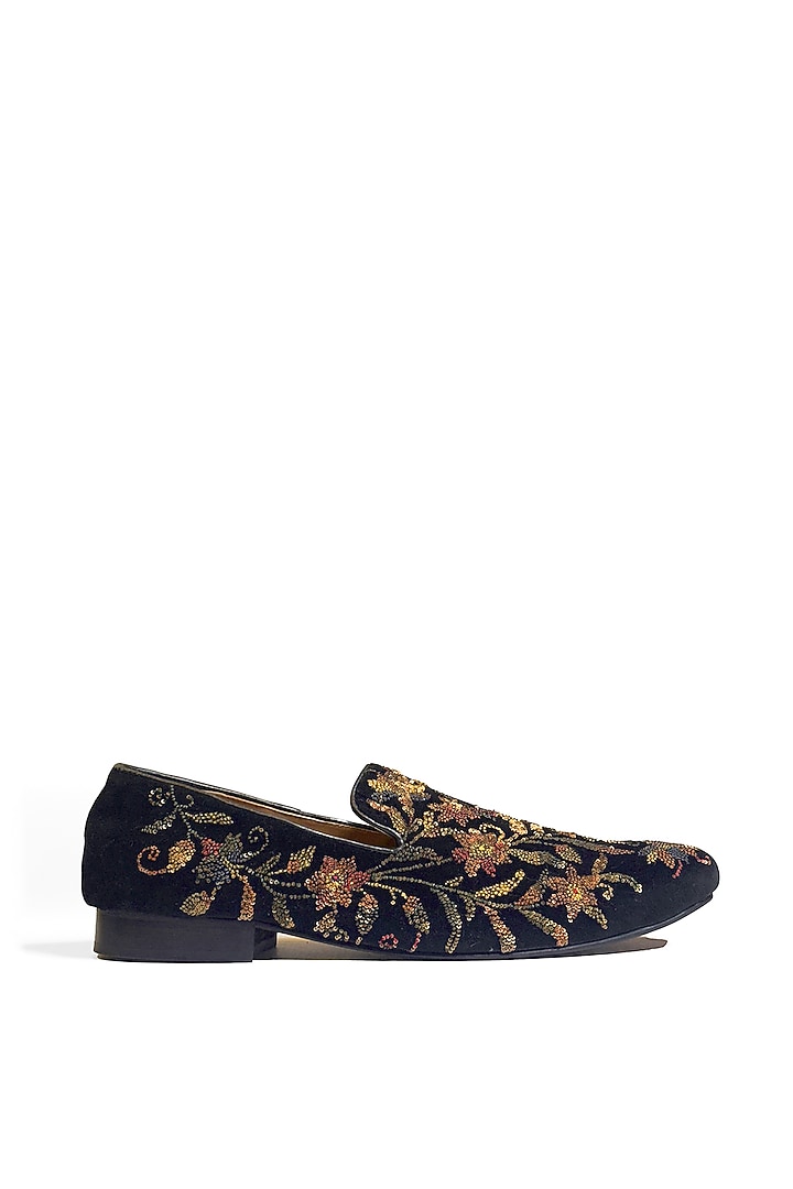 Black Velvet Floral Sequins Embroidered Slip-On Shoes by Rohit Bal Men at Pernia's Pop Up Shop