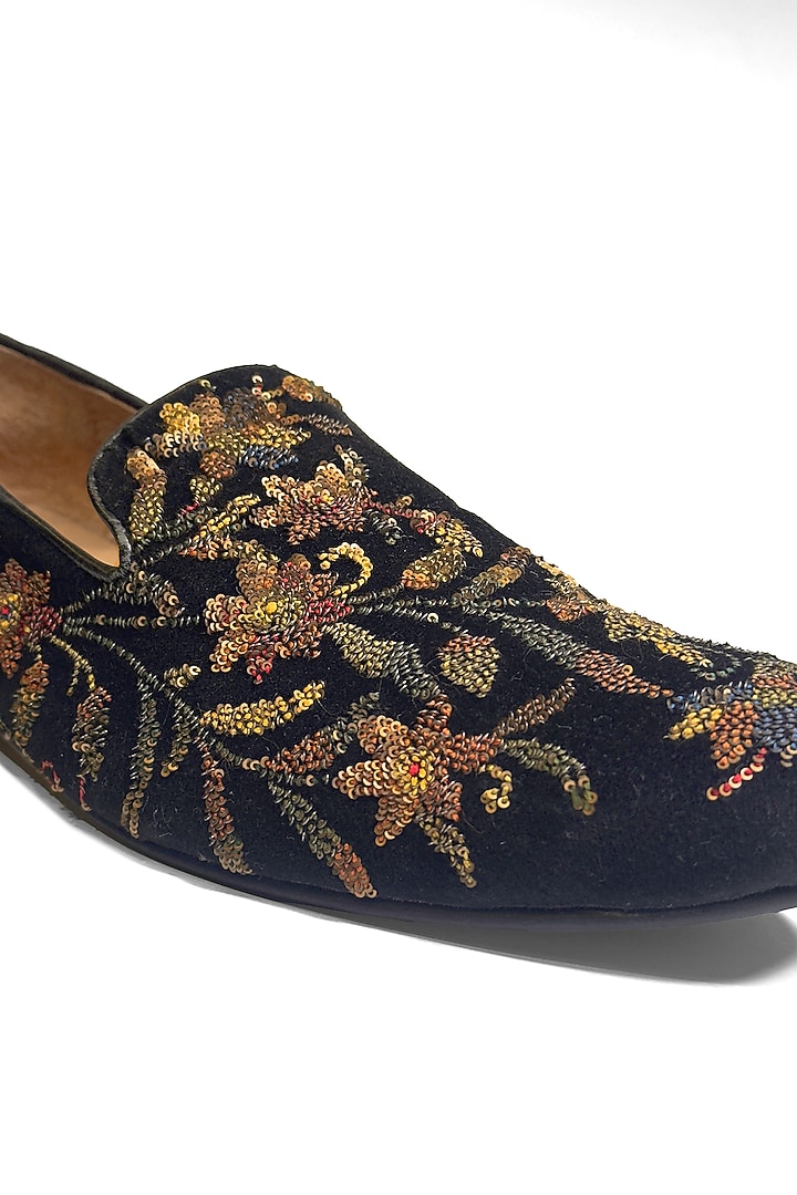 Black Velvet Floral Sequins Embroidered Slip-On Shoes by Rohit Bal Men at Pernia's Pop Up Shop