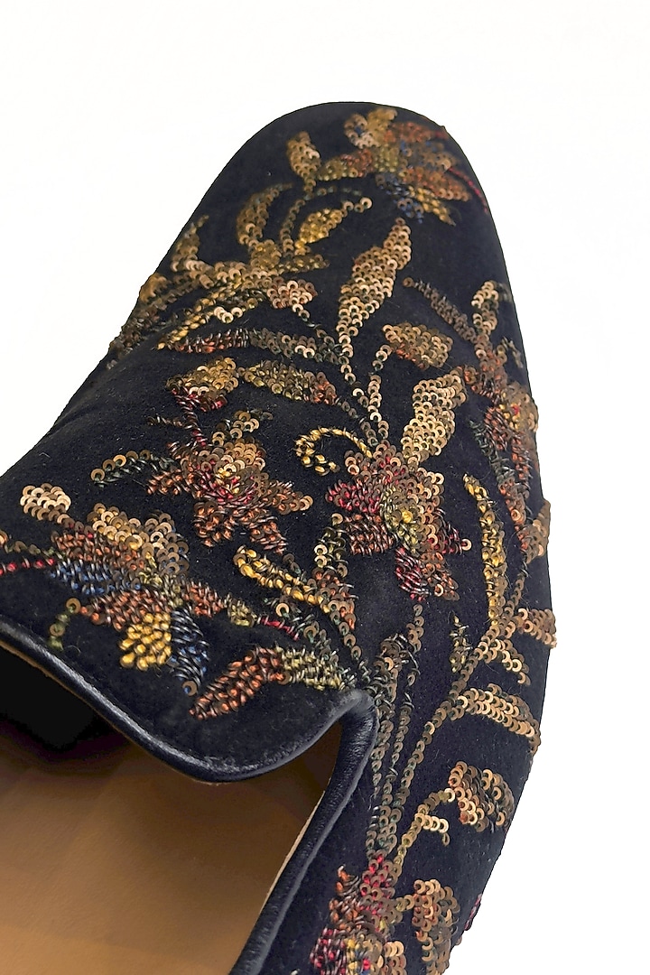 Black Velvet Floral Sequins Embroidered Slip-On Shoes by Rohit Bal Men at Pernia's Pop Up Shop