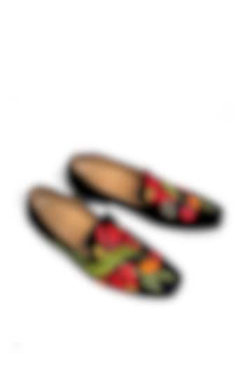 Black Velvet Floral Resham Embroidered Slip-On Shoes by Rohit Bal Men