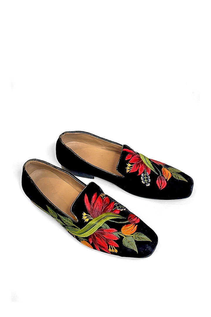 Black Velvet Floral Resham Embroidered Slip-On Shoes by Rohit Bal Men