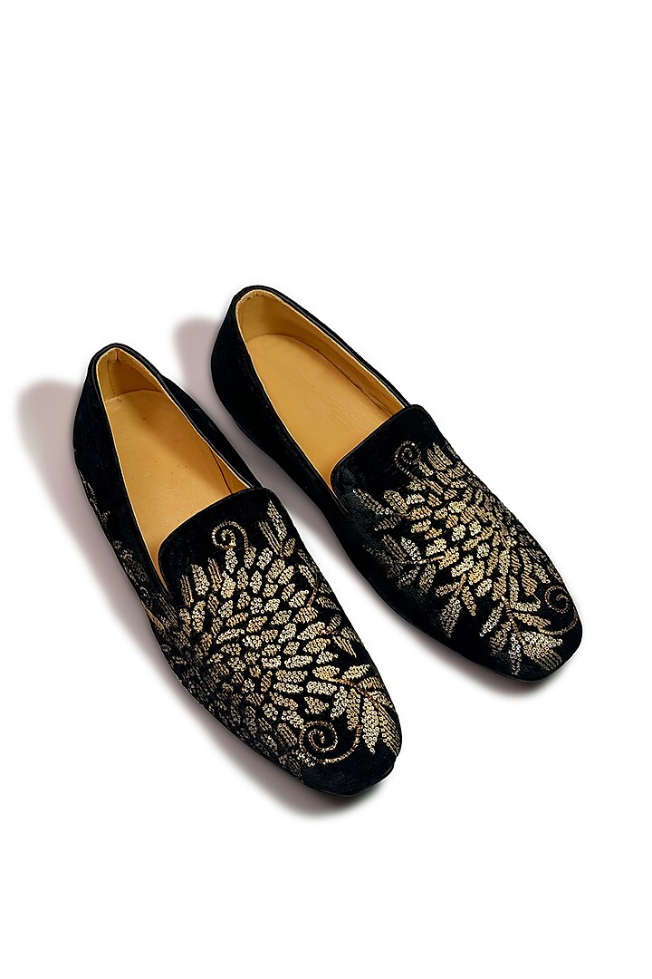 Black Velvet Floral Resham Hand & Machine Embroidered Shoes by Rohit Bal Men