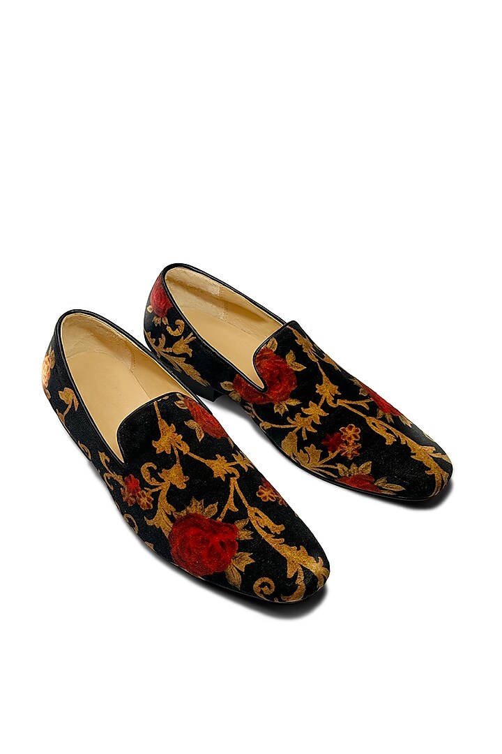 Black Velvet Floral Resham Hand & Machine Embroidered Shoes by Rohit Bal Men