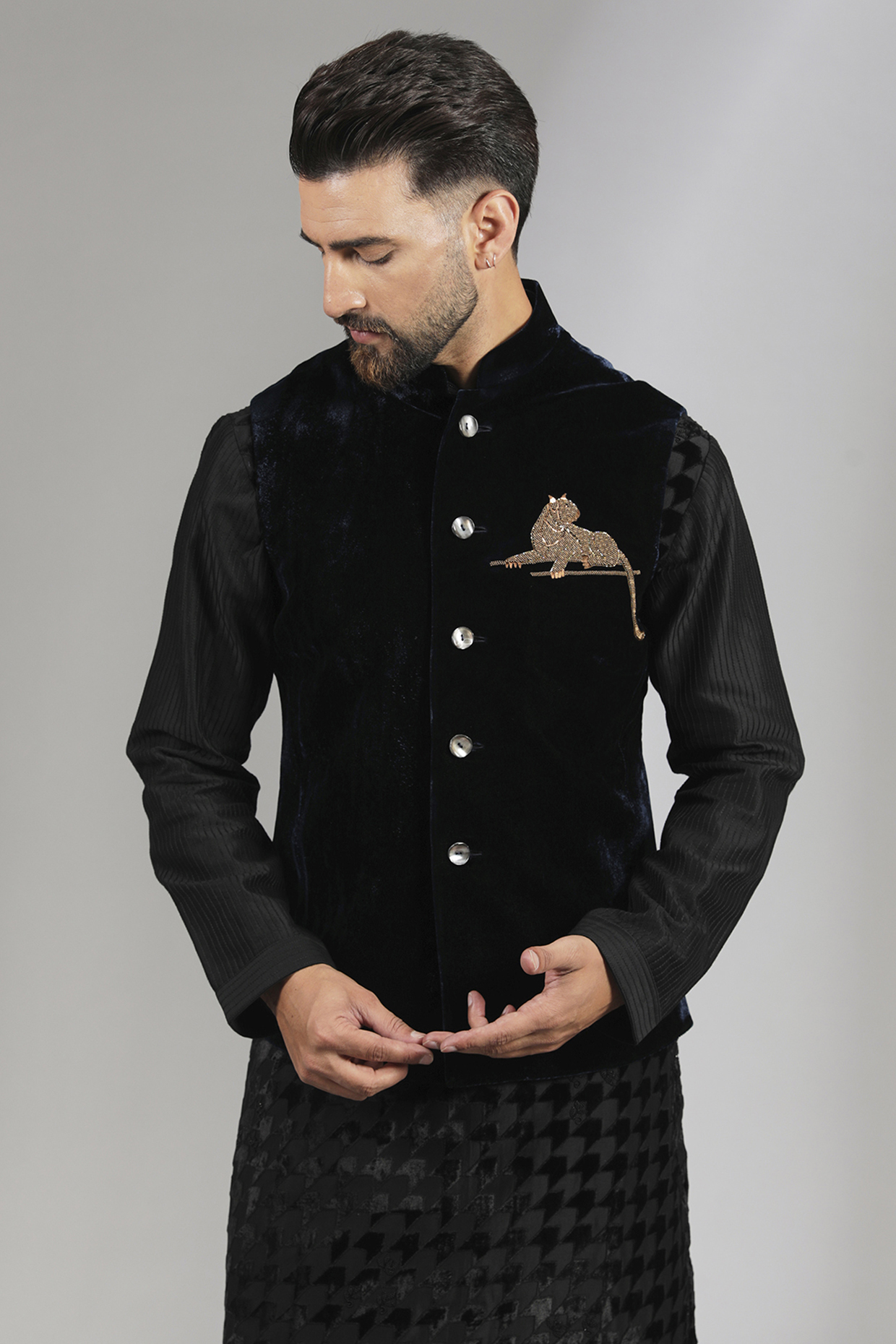 Indigo Velvet Applique Bundi Jacket by Rohit Bal Men