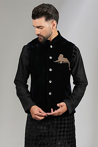Indigo Velvet Applique Bundi Jacket by Rohit Bal Men