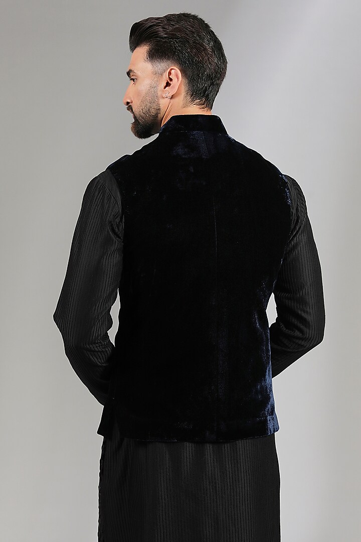 Indigo Velvet Applique Bundi Jacket by Rohit Bal Men at Pernia's Pop Up Shop