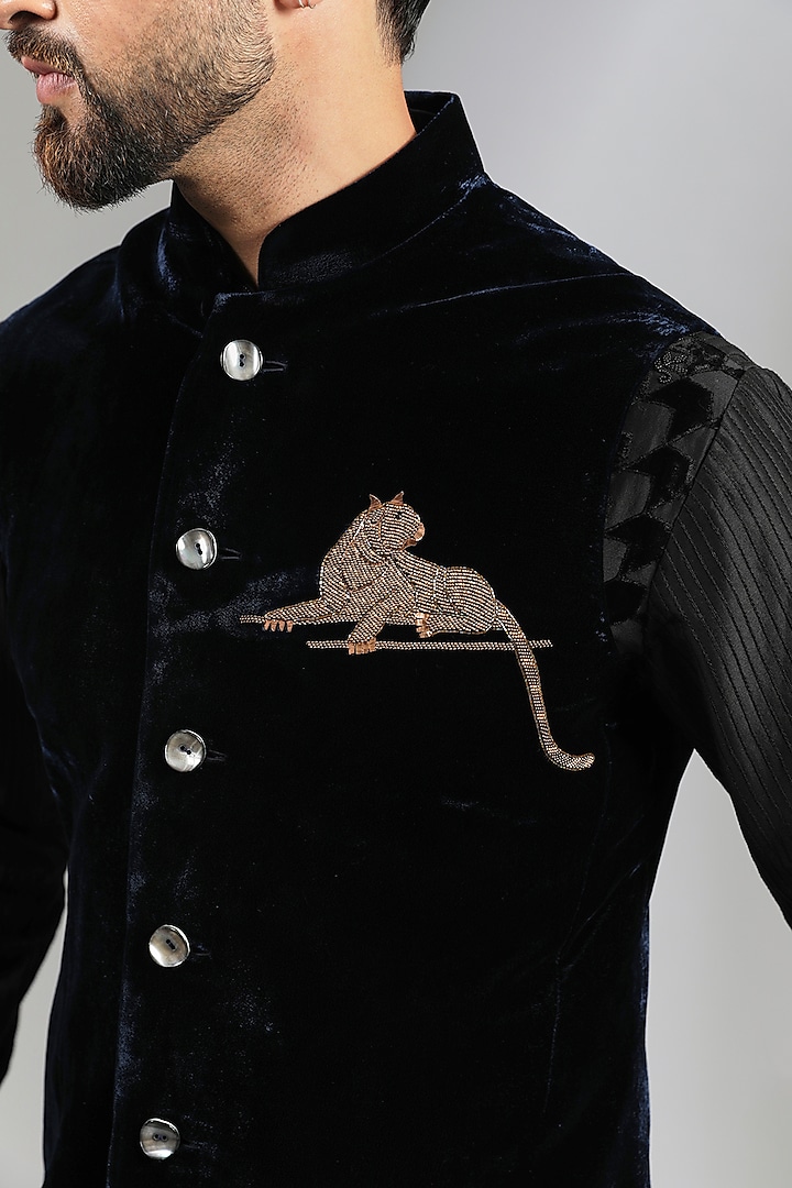 Indigo Velvet Applique Bundi Jacket by Rohit Bal Men at Pernia's Pop Up Shop