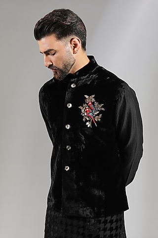 Black Velvet Applique Bundi Jacket by Rohit Bal Men