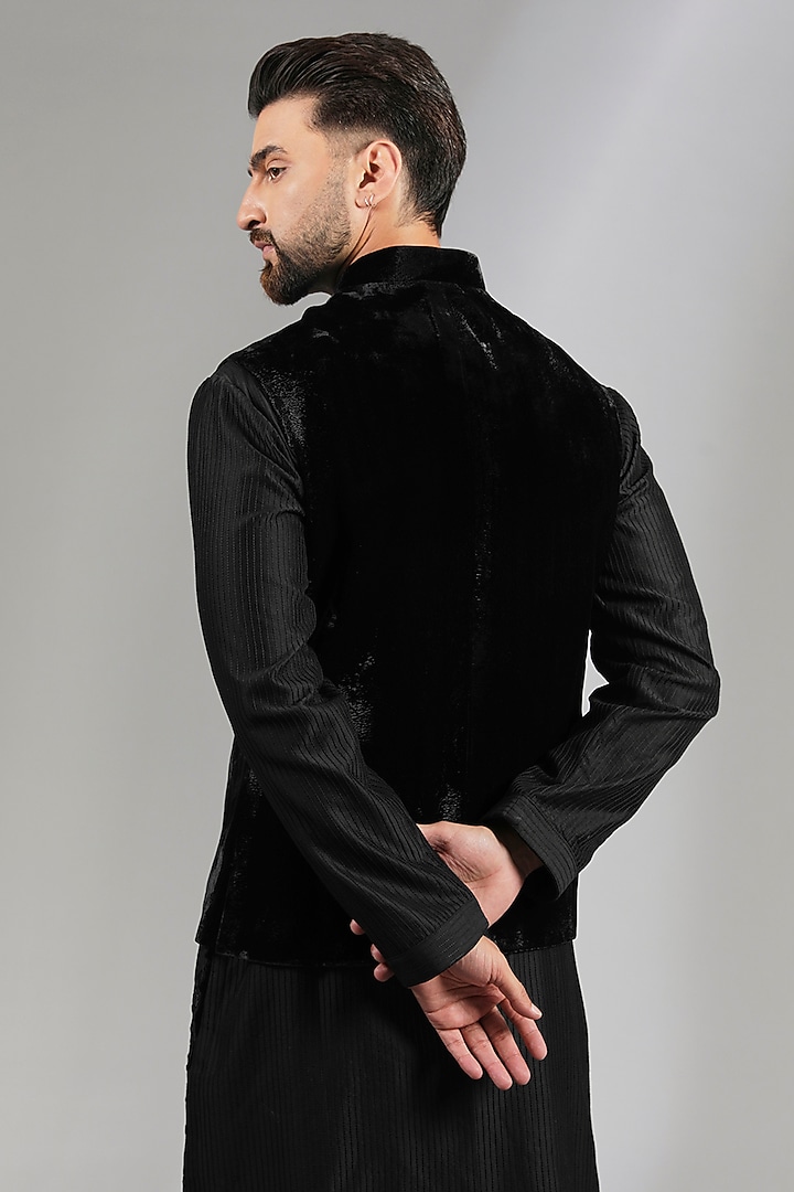 Black Velvet Applique Bundi Jacket by Rohit Bal Men at Pernia's Pop Up Shop