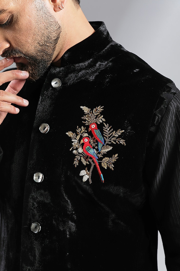 Black Velvet Applique Bundi Jacket by Rohit Bal Men at Pernia's Pop Up Shop