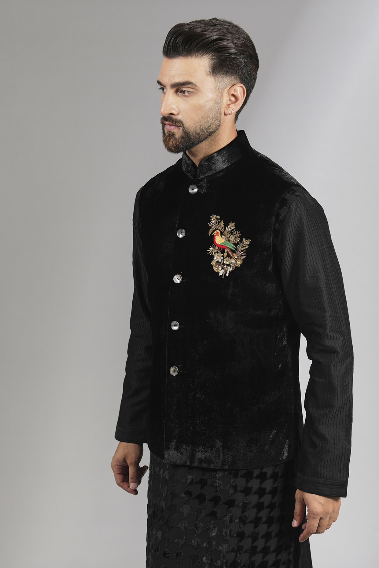 Black Velvet Applique Bundi Jacket by Rohit Bal Men