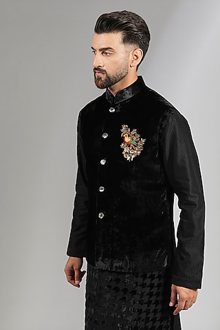 Black Velvet Applique Bundi Jacket by Rohit Bal Men