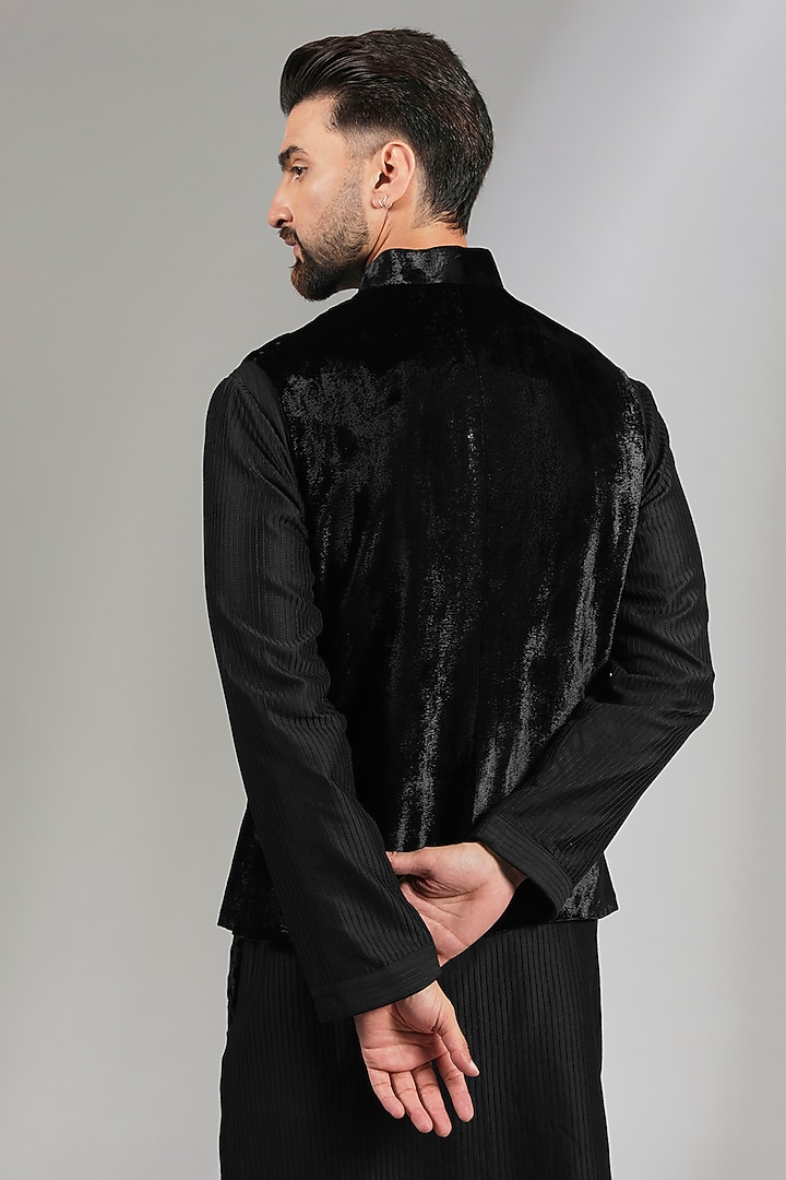 Black Velvet Applique Bundi Jacket by Rohit Bal Men at Pernia's Pop Up Shop