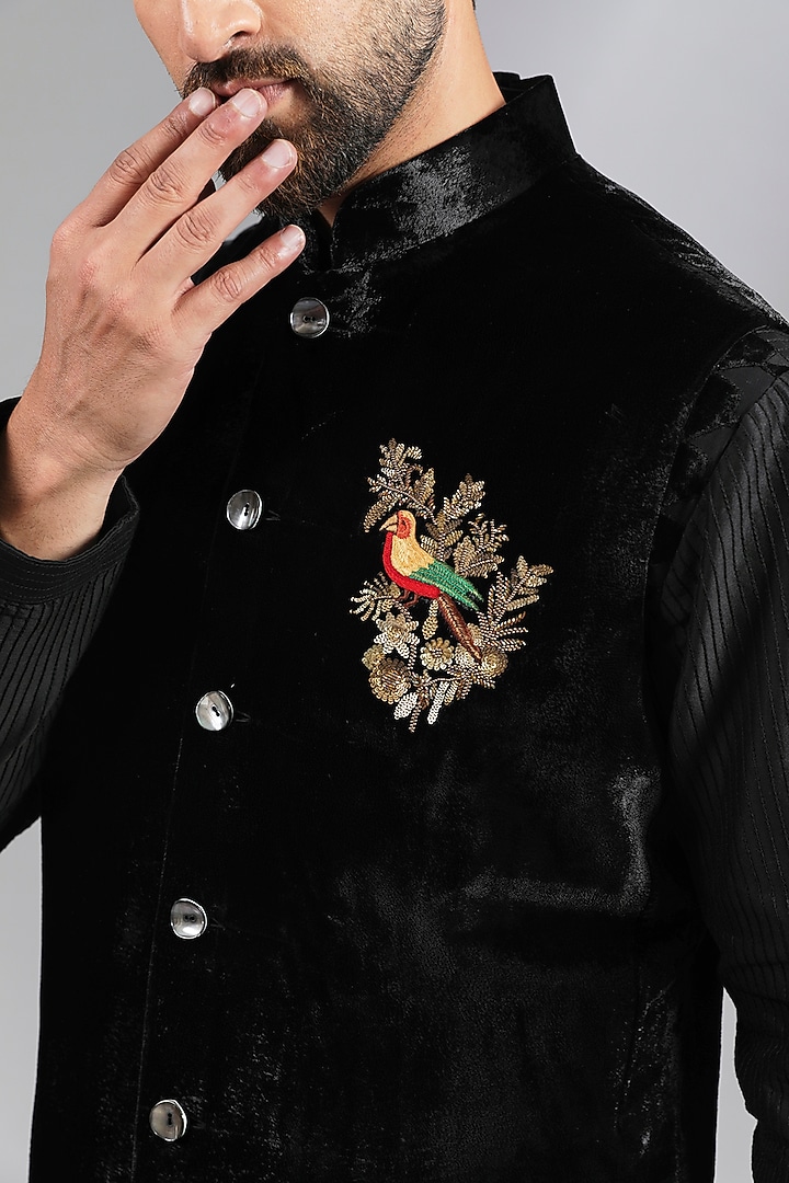 Black Velvet Applique Bundi Jacket by Rohit Bal Men at Pernia's Pop Up Shop