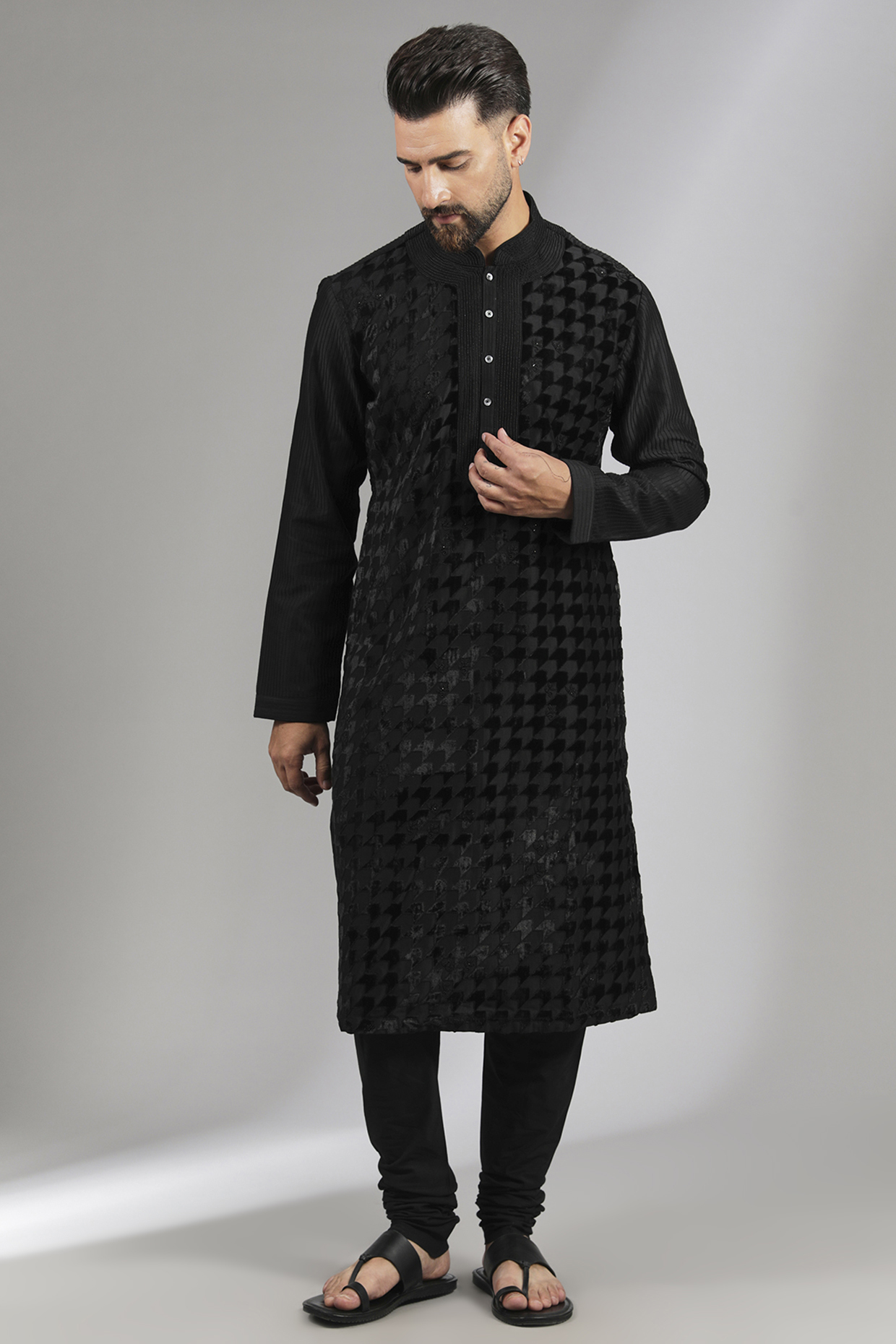 Black Chanderi Applique Kurta Set by Rohit Bal Men