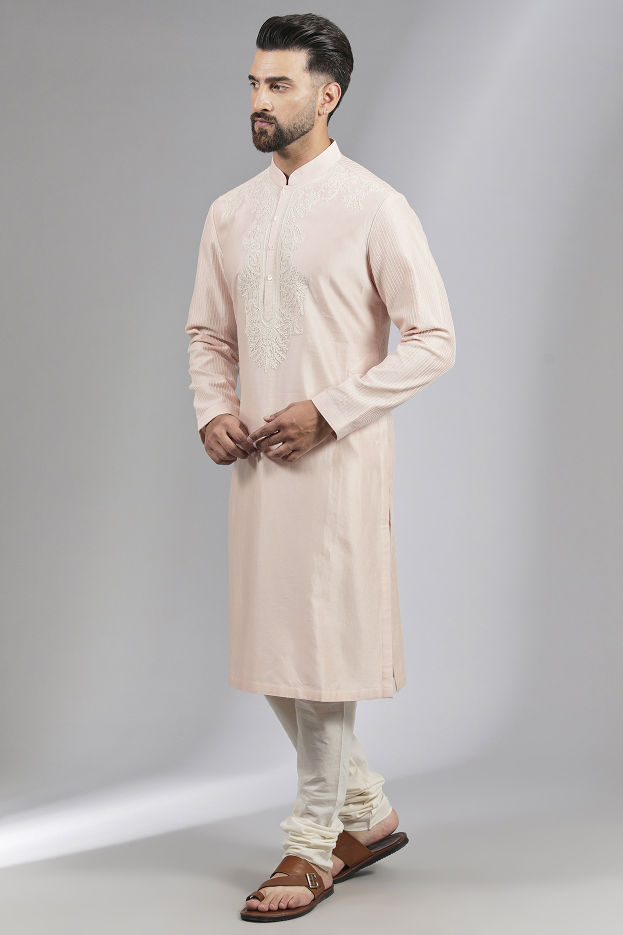 Blush Pink Chanderi Thread Embroidered Kurta Set by Rohit Bal Men