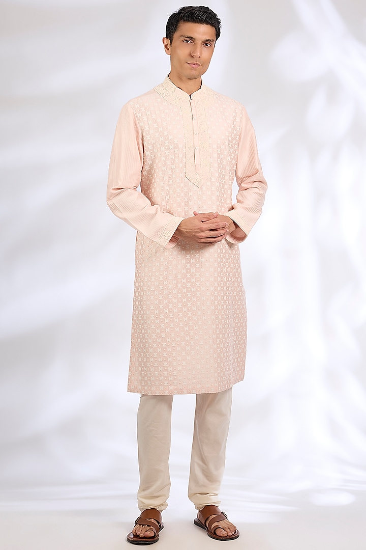 Blush Pink Chanderi Silk Kurta Set by Rohit Bal Men