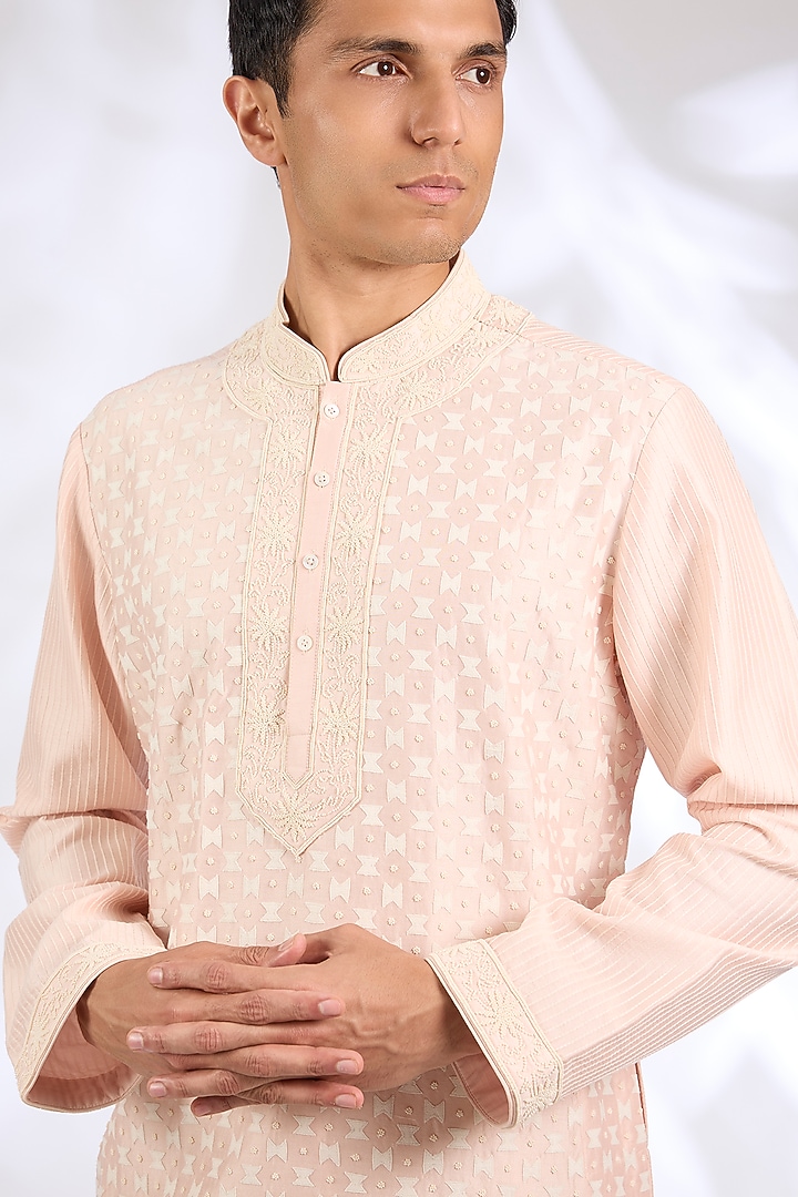 Blush Pink Chanderi Silk Kurta Set by Rohit Bal Men at Pernia's Pop Up Shop