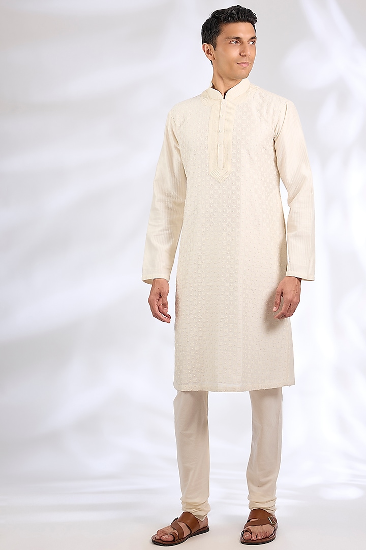 Ivory Chanderi Silk Kurta Set by Rohit Bal Men