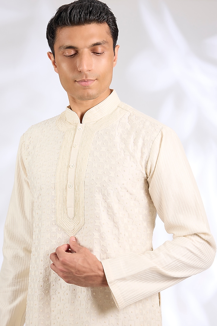 Ivory Chanderi Silk Kurta Set by Rohit Bal Men at Pernia's Pop Up Shop