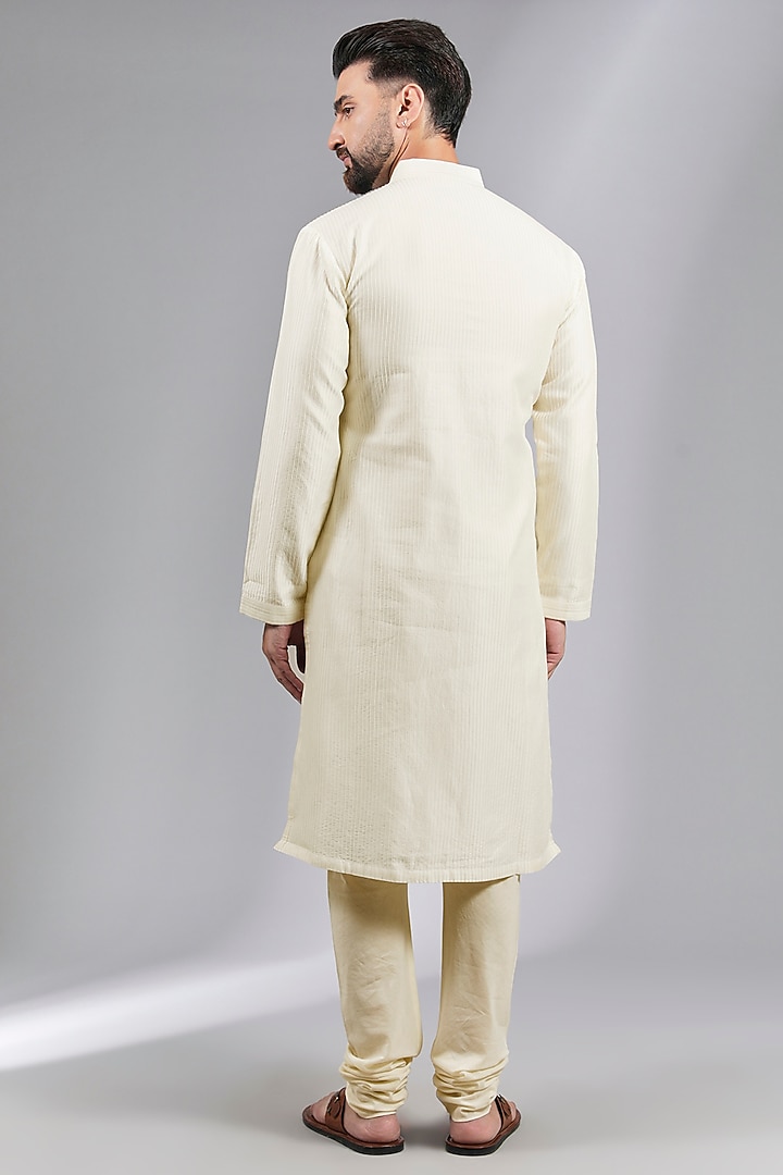 Ivory Chanderi Applique Embroidered Kurta Set by Rohit Bal Men at Pernia's Pop Up Shop