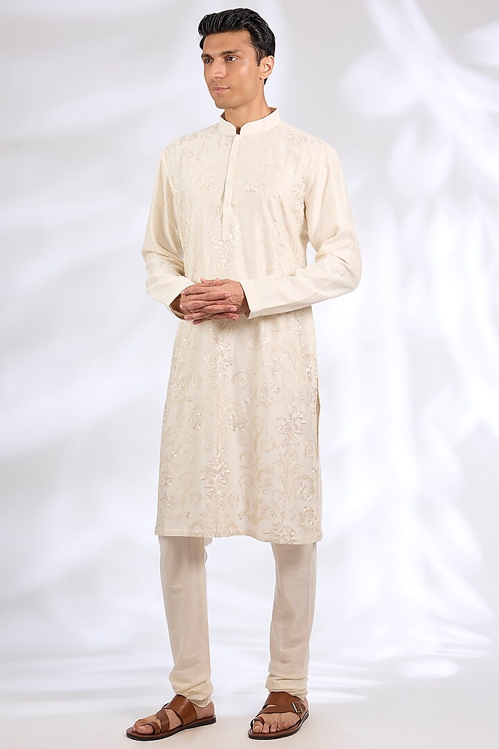 Ivory Chanderi Silk Kurta Set by Rohit Bal Men