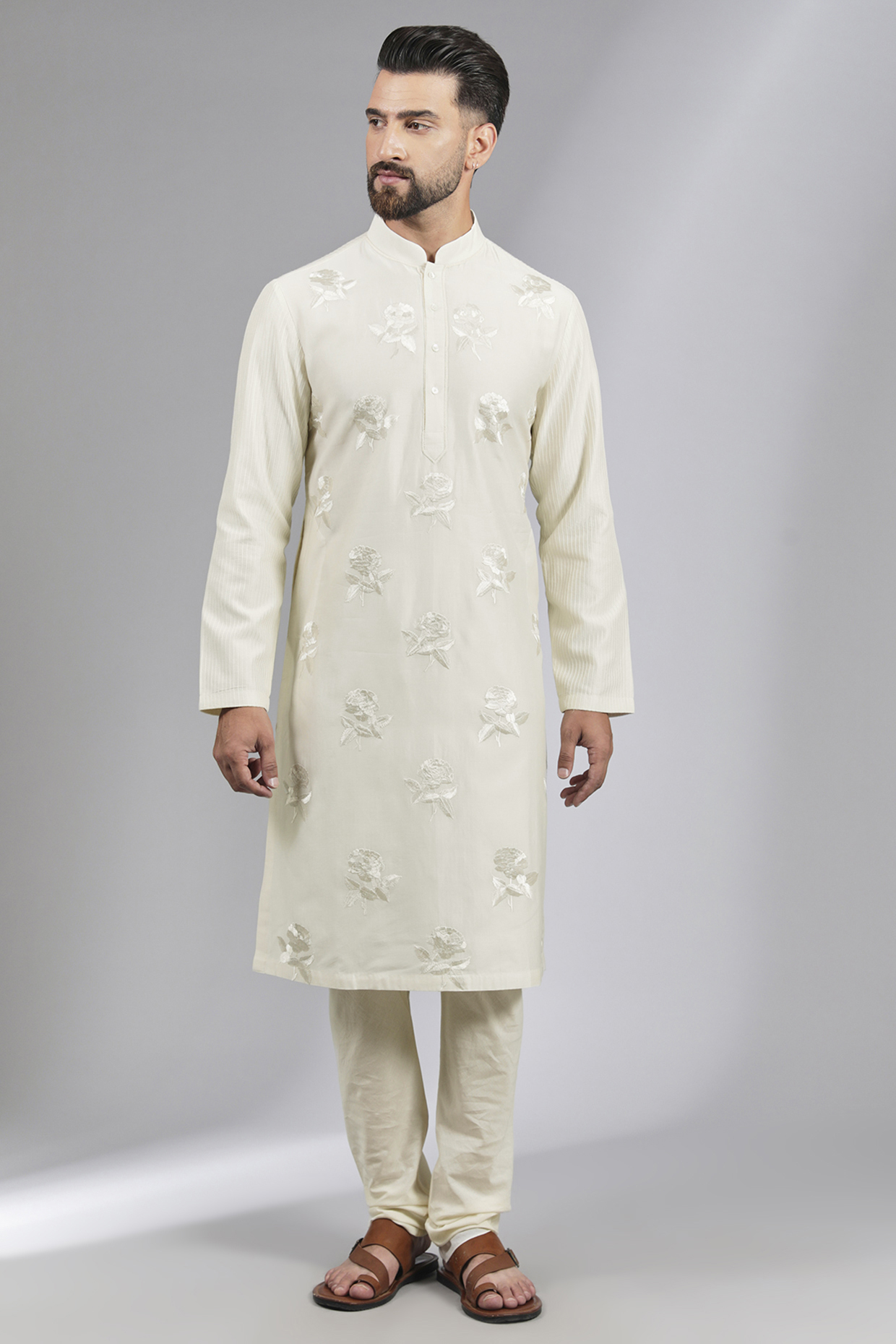 Ivory Chanderi Resham Embroidered Kurta Set by Rohit Bal Men
