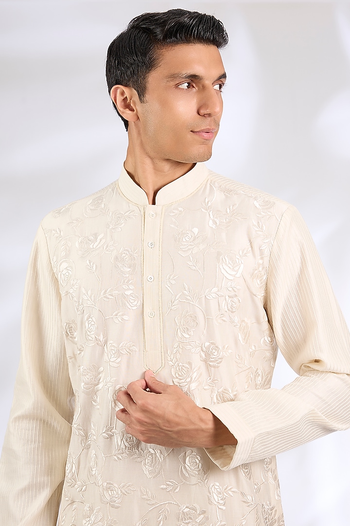 Ivory Chanderi Silk Kurta Set by Rohit Bal Men at Pernia's Pop Up Shop