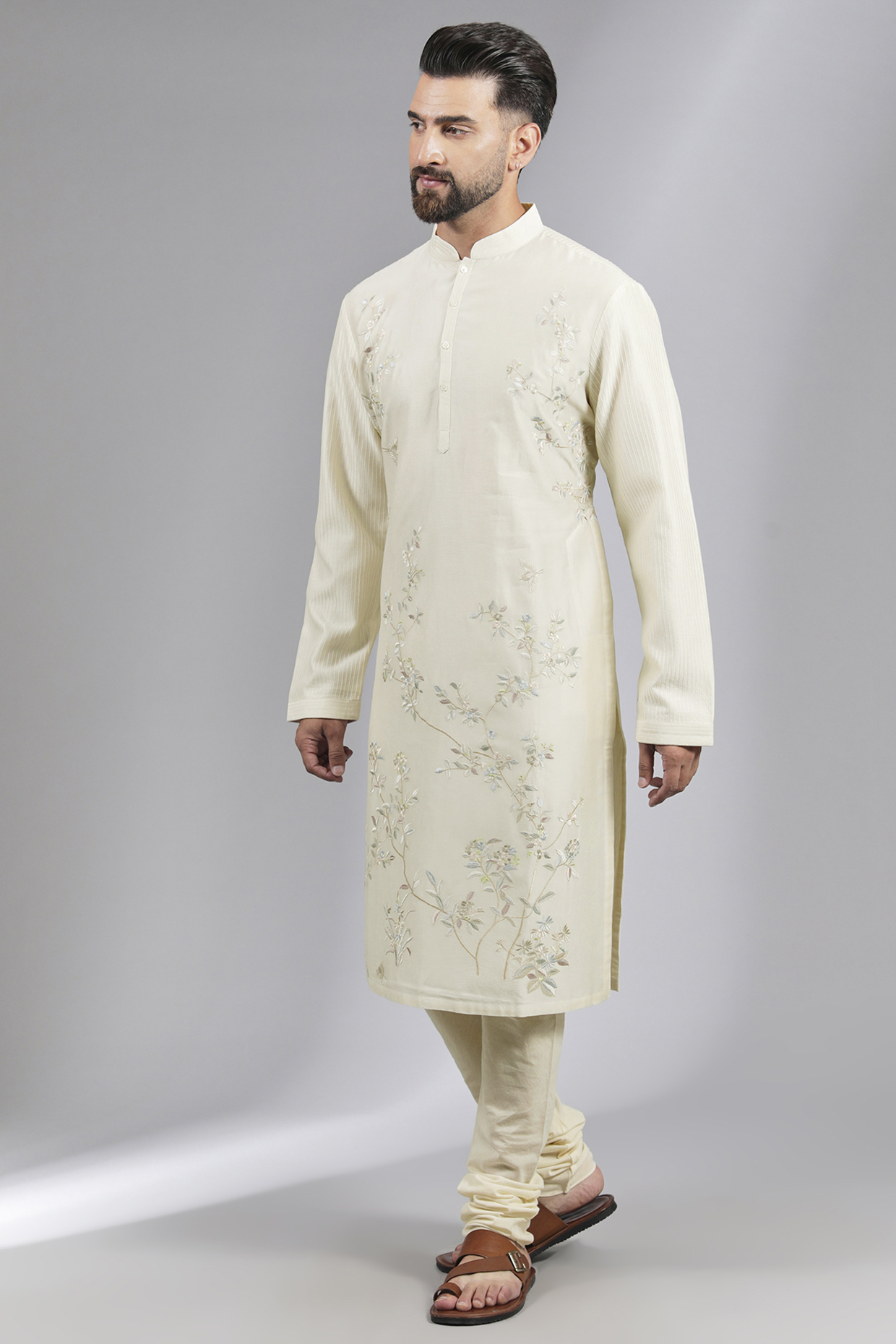 Ivory Chanderi Resham Kurta Set by Rohit Bal Men