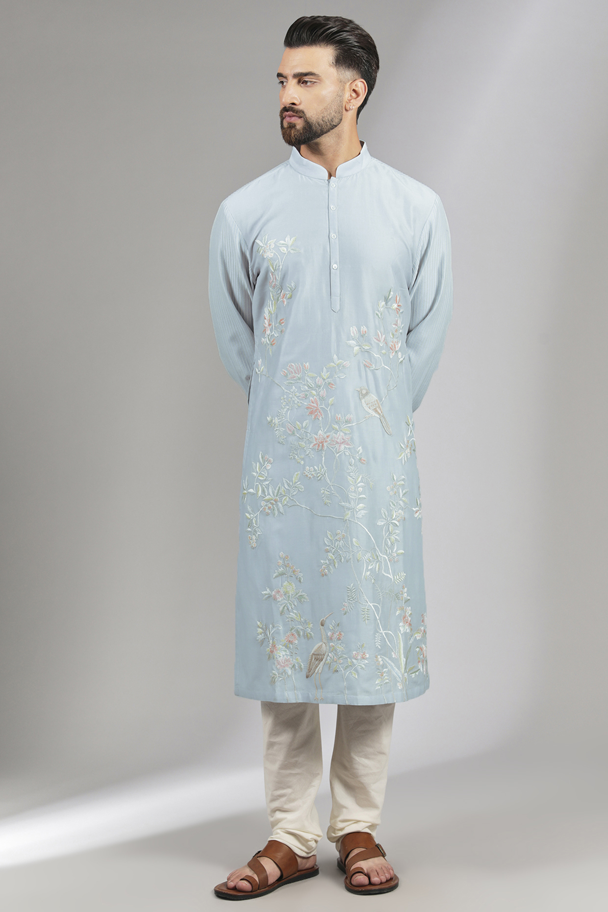 Powder Blue Chanderi Resham Kurta Set by Rohit Bal Men