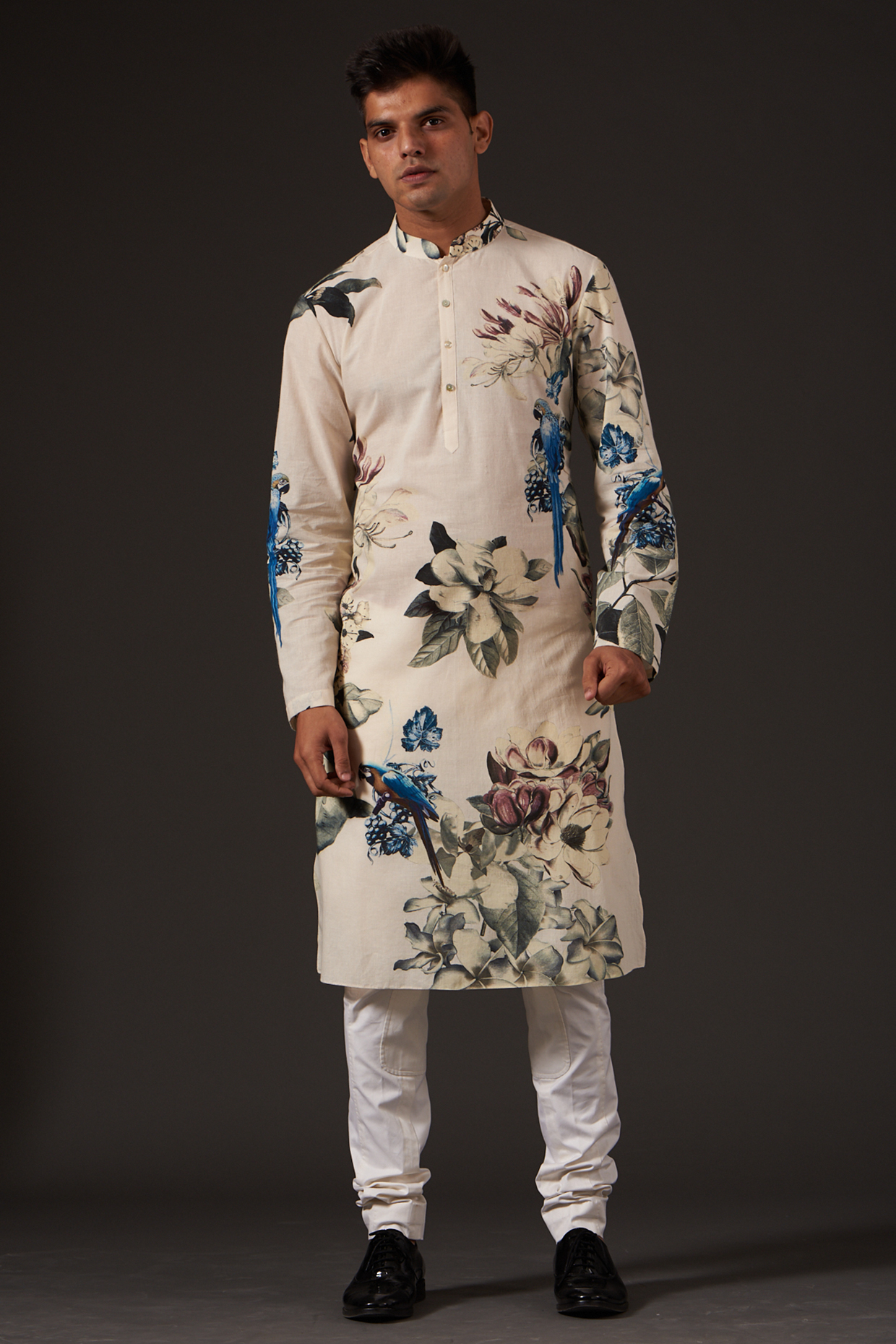 Ivory South Cotton Floral Digital Printed Kurta Set by Rohit Bal Men