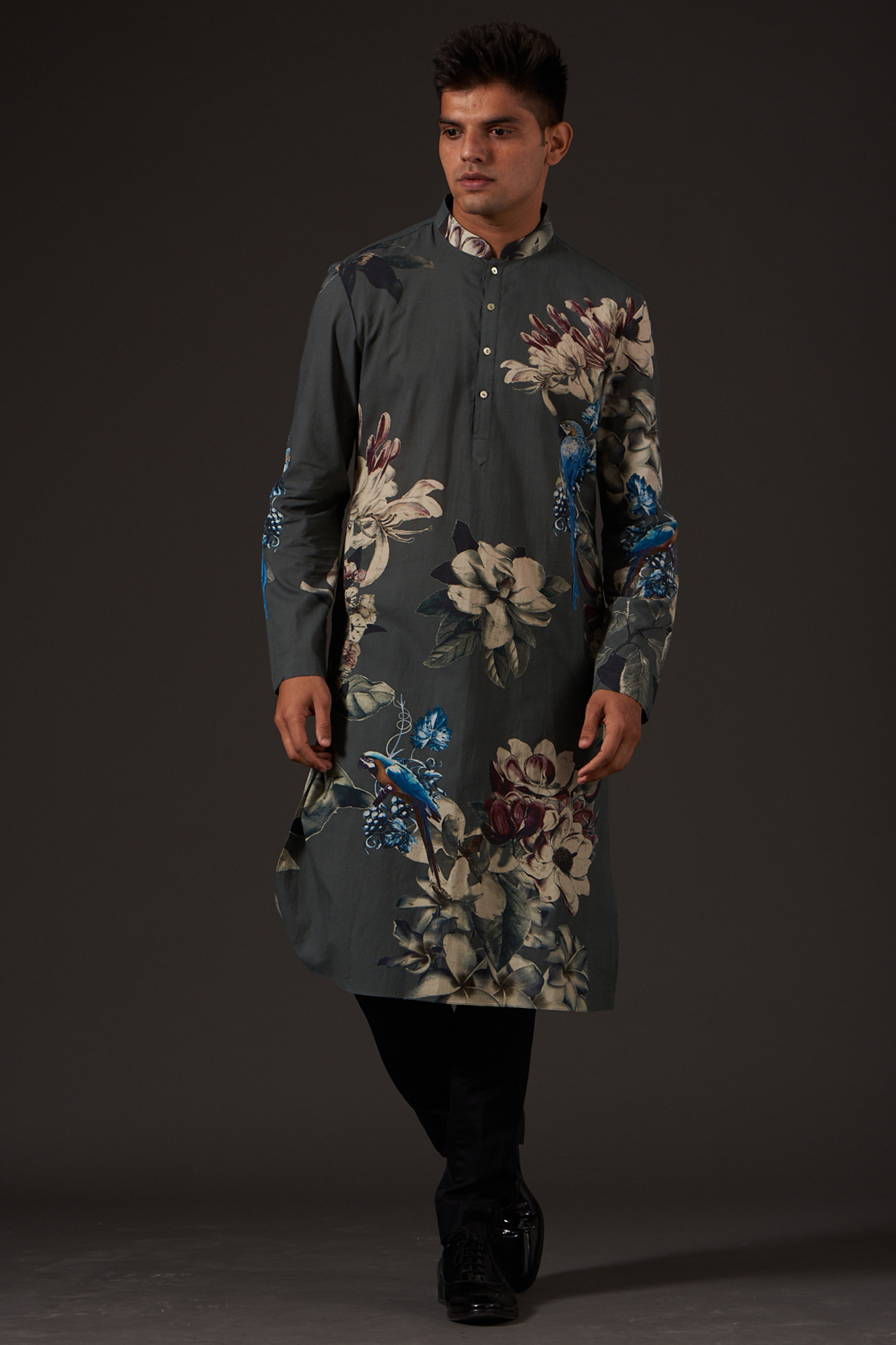 Grey South Cotton Floral Digital Printed Kurta Set by Rohit Bal Men