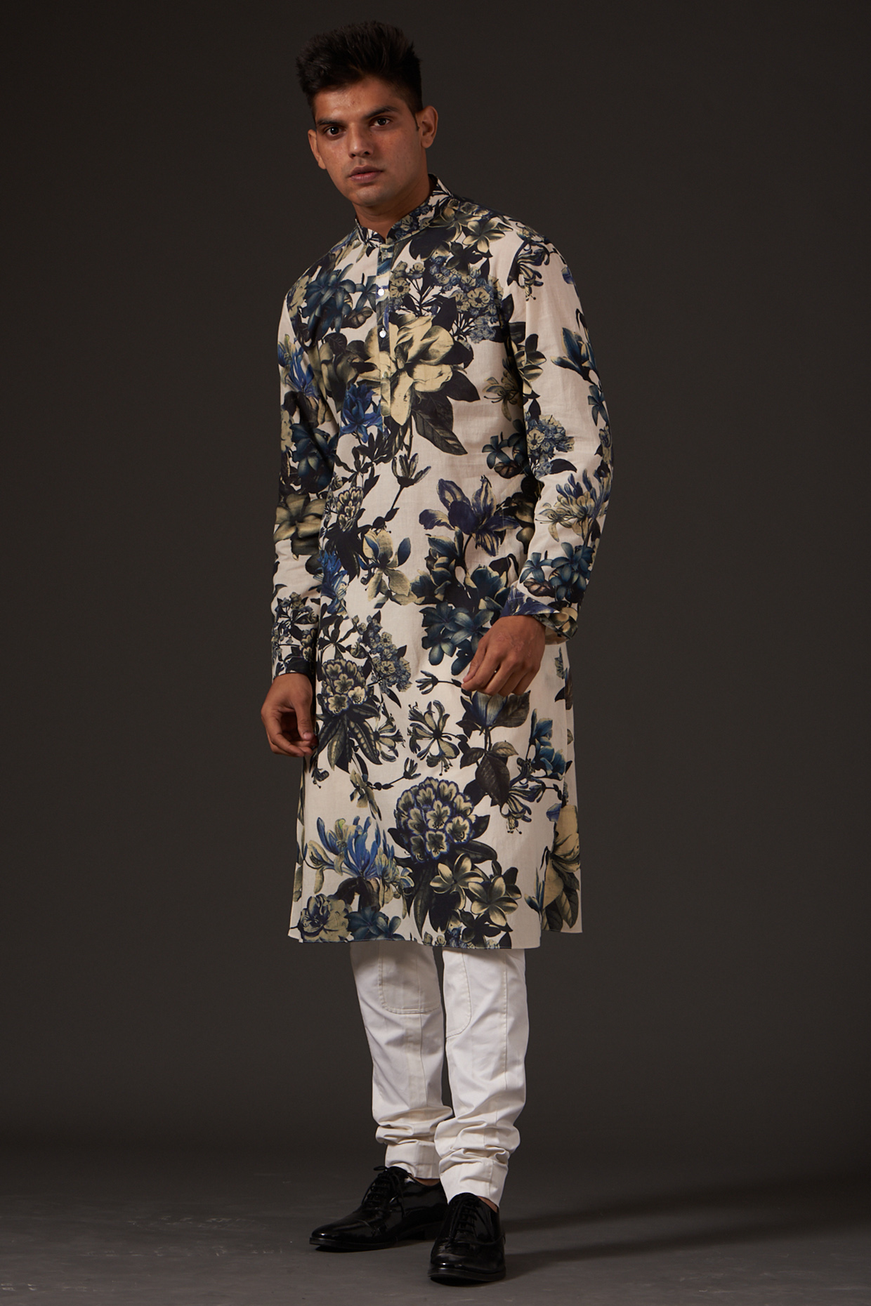 Ivory South Cotton Floral Digital Printed Kurta Set by Rohit Bal Men