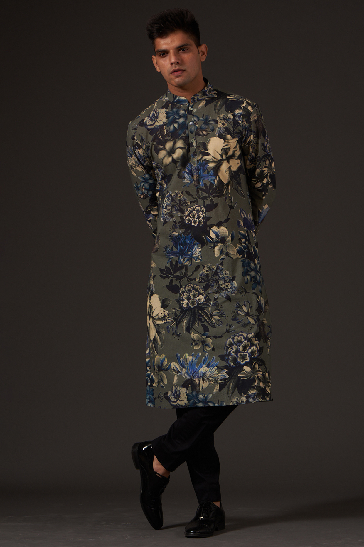 Grey South Cotton Floral Digital Printed Kurta Set by Rohit Bal Men