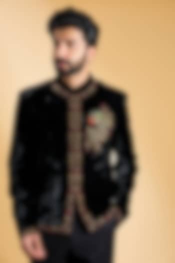 Black Silk Velvet Bandhgala by Rohit Bal Men at Pernia's Pop Up Shop