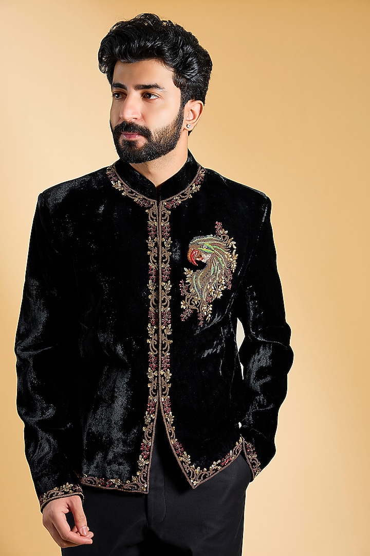 Black Silk Velvet Bandhgala by Rohit Bal Men at Pernia's Pop Up Shop