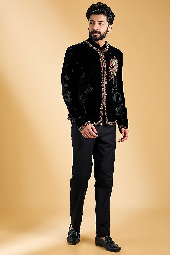Black Silk Velvet Bandhgala by Rohit Bal Men at Pernia's Pop Up Shop