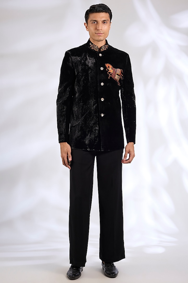 Black Velvet Bandhgala Jacket by Rohit Bal Men