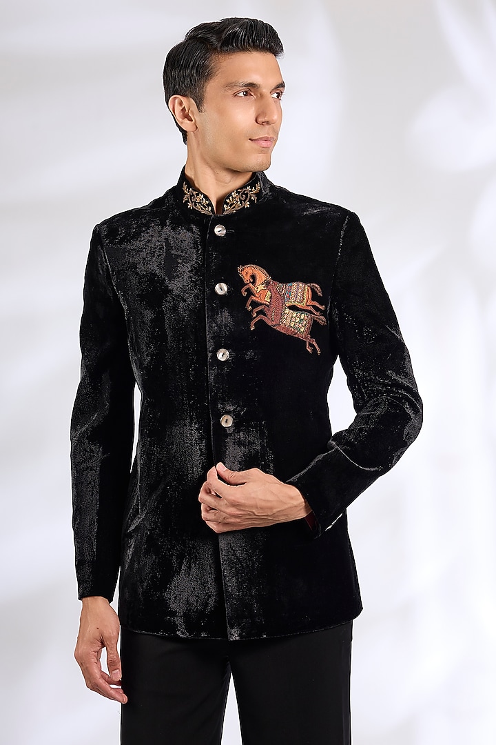 Black Velvet Groom Bandhgala Jacket by Rohit Bal Men at Pernia's Pop Up Shop