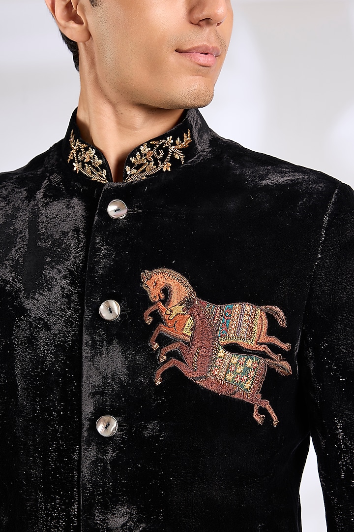 Black Velvet Groom Bandhgala Jacket by Rohit Bal Men at Pernia's Pop Up Shop