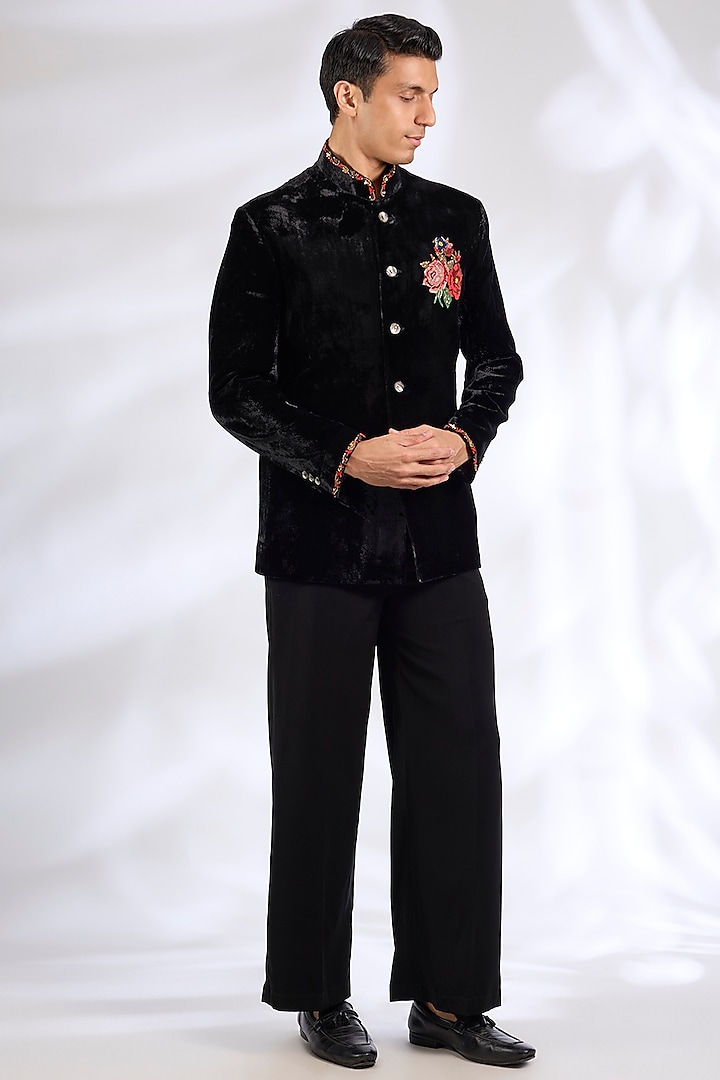 Black Velvet Bandhgala Jacket by Rohit Bal Men
