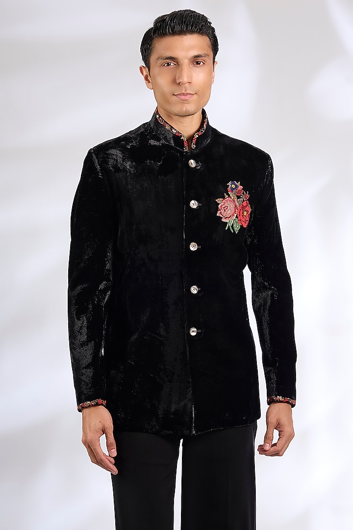Black Velvet Groom Bandhgala Jacket by Rohit Bal Men at Pernia's Pop Up Shop