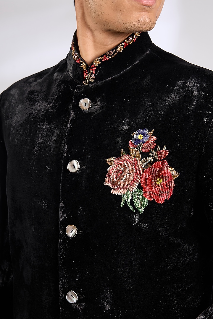 Black Velvet Groom Bandhgala Jacket by Rohit Bal Men at Pernia's Pop Up Shop