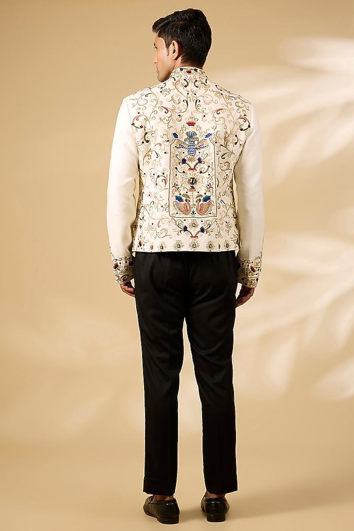 Ivory Matka Silk Hand Embroidered Groom Bandhgala Jacket by Rohit Bal Men at Pernia's Pop Up Shop